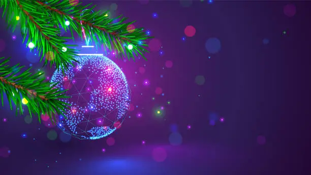 Vector illustration of Merry Christmas and Happy New Year card in computer technology style. Globe in shape Christmas ball decoration on christmas tree close up. New tech Digital internet communication congratulation card.