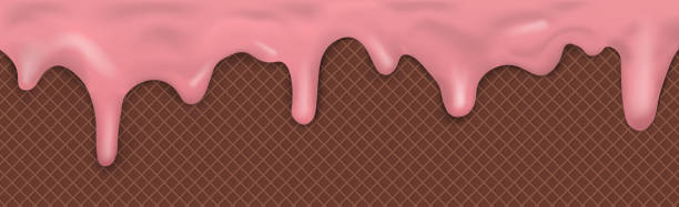 süßes, nahtloses panorama-eiscrememuster mit tropfender rosa glasur und waffeltextur - vector - foodbackground stock-grafiken, -clipart, -cartoons und -symbole