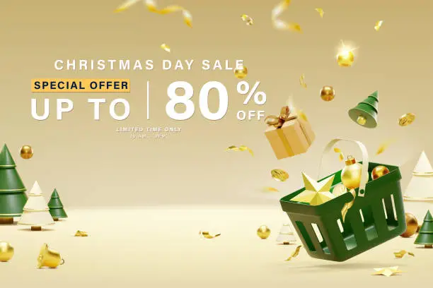 Vector illustration of Christmas day sale and Happy New Year  background. 3d Realistic background with shopping cart, candy cane, bell, gift, light and Christmas tree.