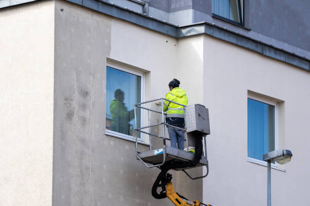 Maintenance worker using roller brush paints the facade of a residential house