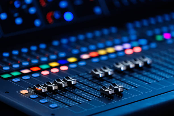 istock Concert sound mixer panel with volume regulators. Professional audio and light equipment for sound recording studio, live music broadcasting, television, party. mixing console. audio signals 1444960084