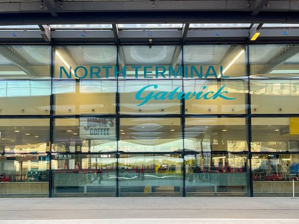 Exterior view of the North terminal at London Gatwick Airport London, England - May 2022: Front exterior view of the North terminal at London Gatwick aiport. gatwick airport photos stock pictures, royalty-free photos & images