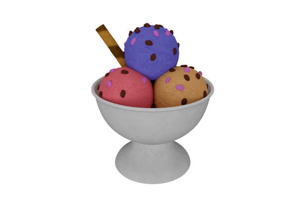 Three scoops of chocolate ice cream with chocolate chips on a plate,garnished with chocolate bars and shaving