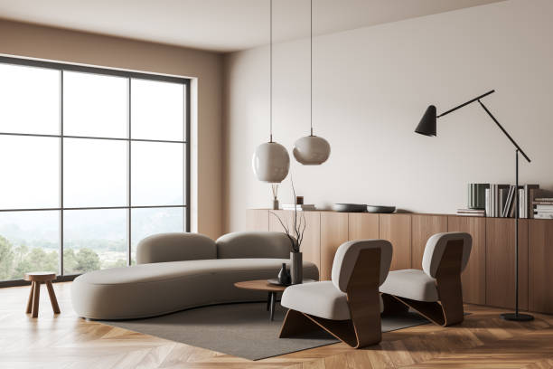 istock Light chill room interior with armchairs and couch, panoramic window 1444965664