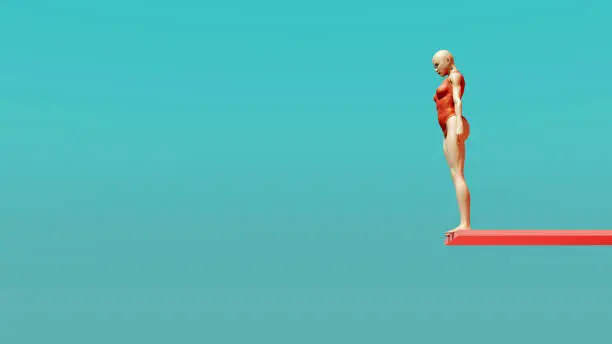 Woman Diver Sunny Blue Turquoise Sky Pink Springboard Swimsuit Diving Aquatic Sport 3d illustration render