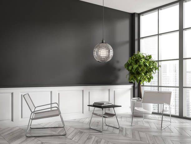 istock Grey relax room interior with chairs and coffee table, window. Mockup empty wall 1444966206