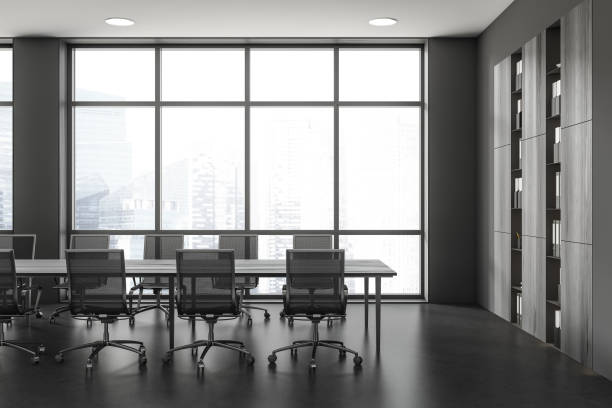 istock Stylish conference room interior with table and shelf with panoramic window 1444966215