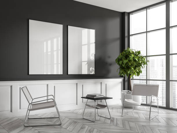 istock Grey chill room interior with chairs and coffee table, window. Mockup frames 1444966372
