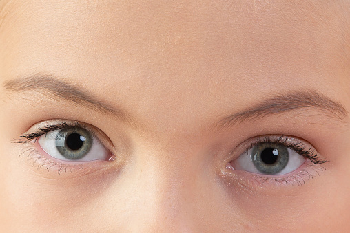 Close-up of baby's blue eyes. Human eye with eyebrows.