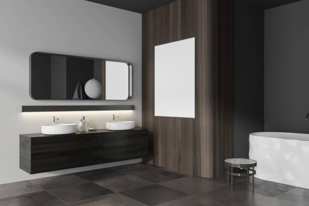 istock Grey bathroom interior with double sink and tub. Mock up frame 1444966932