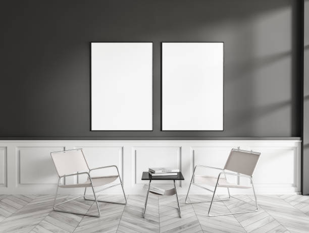 istock Grey meeting room interior with chairs and coffee table. Mockup frames 1444967300