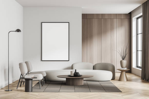 istock White guest interior with couch and chairs, panoramic window. Mockup frame 1444967481