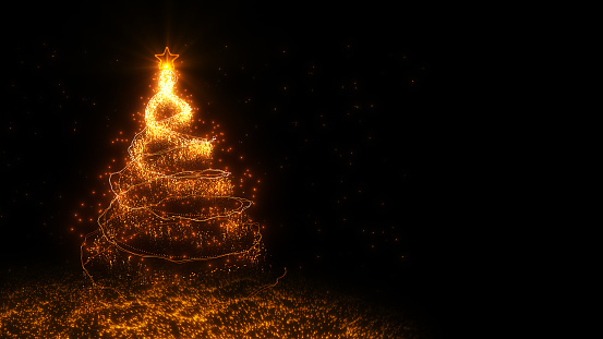 Christmas tree made from spiral golden particles and light streak on dark background with copy space on right