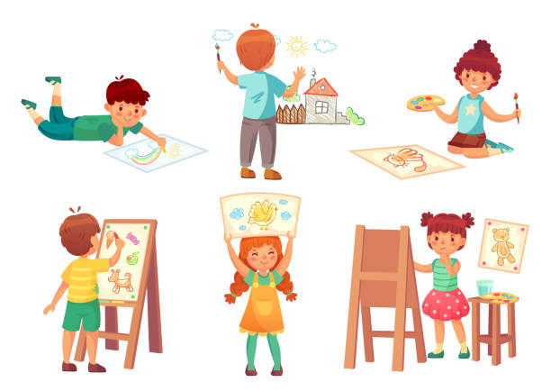 ilustrações de stock, clip art, desenhos animados e ícones de drawing children, kid illustrator.little boys and girls painting home, rainbow and cat with watercolors and crayons - little boys cartoon child drawing