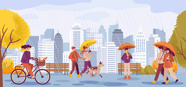 People in fall season. Couple walking with pet under umbrella, young woman riding bicycle, Female and male characters going with coffee under rain. Autumn weather vector illustration