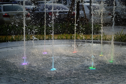 Water of fountain on stop motion.