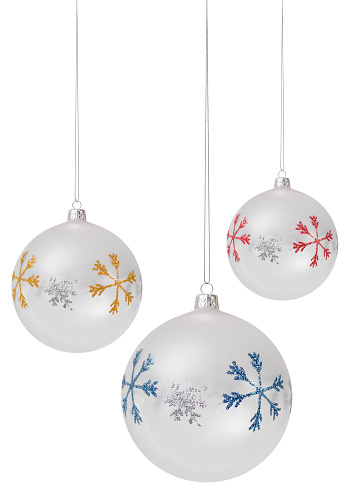 Merry Christmas hanging balls decorated with glitter snowflake pattern, isolated on white background, objects template for greeting gift card or promo advertising banner