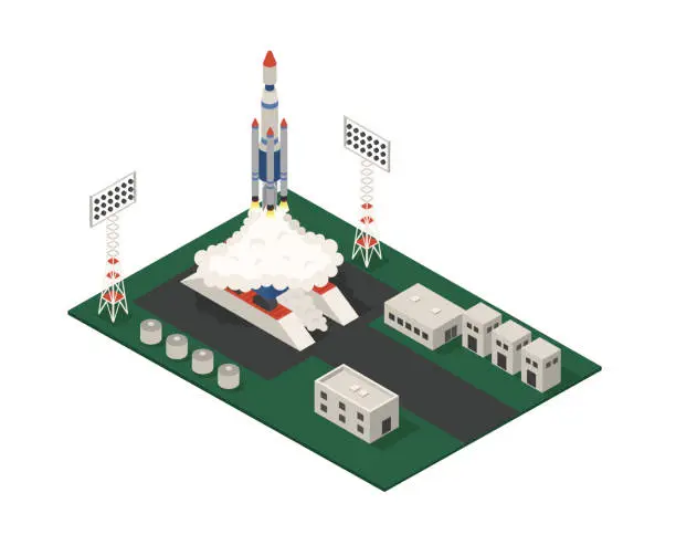 Vector illustration of Space Shuttle Launch at the Spaceport Isometric Vector