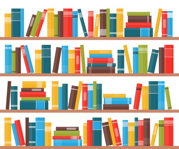 ilustraciones, imágenes clip art, dibujos animados e iconos de stock de estanterías para libros con espinas de libros multicolores. libros en un estante. ilustración vectorial en estilo plano. - estantería de libros