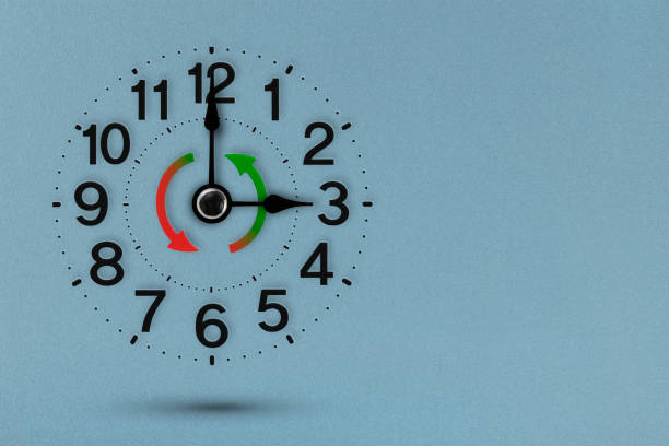 istock Change time. Winter and summer time on a blue background. Change the time in spring and autumn, a clock with a minute hand indicates a change in time one hour ago or one hour ahead. 1444975282