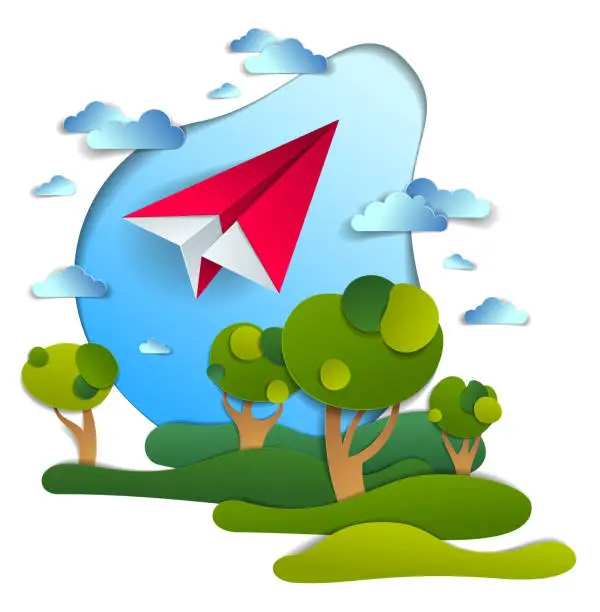 Vector illustration of Paper plane flying in cloudy sky over scenic landscape of grasslands and trees, origami folded toy airplane in beautiful nature, vector illustration, airlines, airways air travel theme.