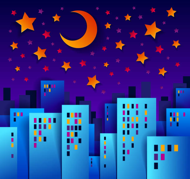 illustrations, cliparts, dessins animés et icônes de paysage urbain dans la nuit avec la lune et les étoiles caricature vector illustration papier coupe enfants application style, haute ville bâtiments biens immobiliers maisons minuit heure. - moon night star star shape