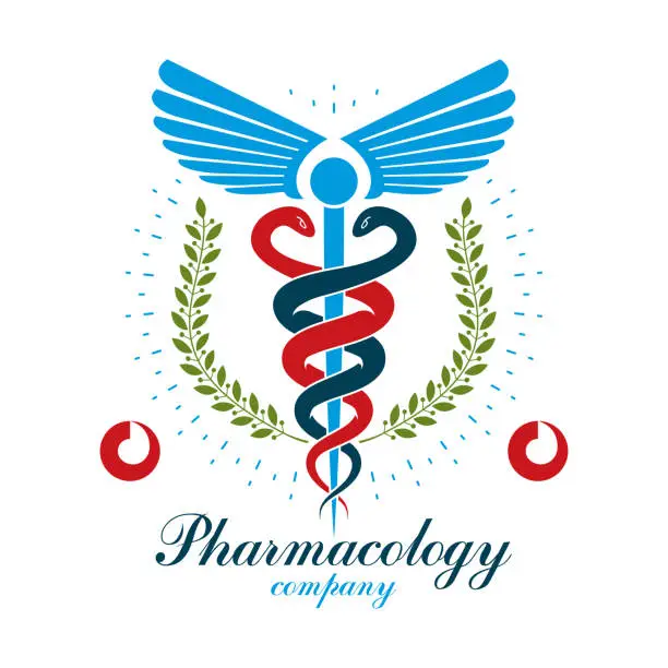 Vector illustration of Pharmacy Caduceus vector icon, medical corporate logo for use in rehabilitation or pharmacology business.