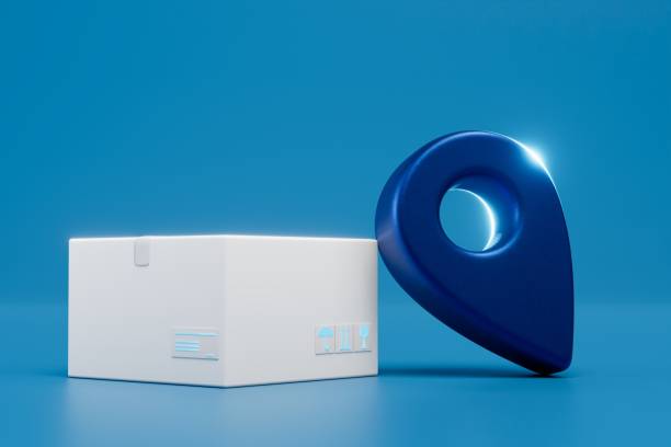istock delivery of parcels to the specified address. parcel and blue gps dot on a blue background. 3D render 1444976736