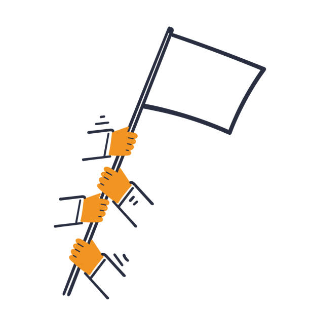 ilustrações, clipart, desenhos animados e ícones de mão desenhada doodle mão segurando a bandeira juntos ilustração - waving success hand raised silhouette