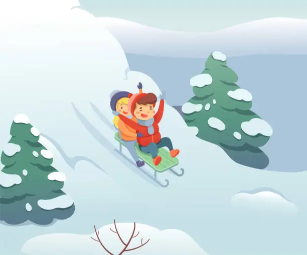 Vector illustration of Winter sledding and fun vector illustration. Little boy and girl in warm clothing cartoon characters. Happy kids move down hill. Seasonal outdoor activity, childhood pastime. Active recreation