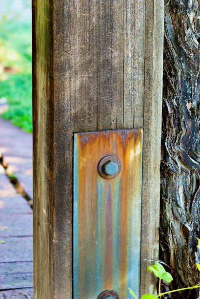 A rusted piece of metal on a weathered wood support in a vineyard next to a mature grape vine.