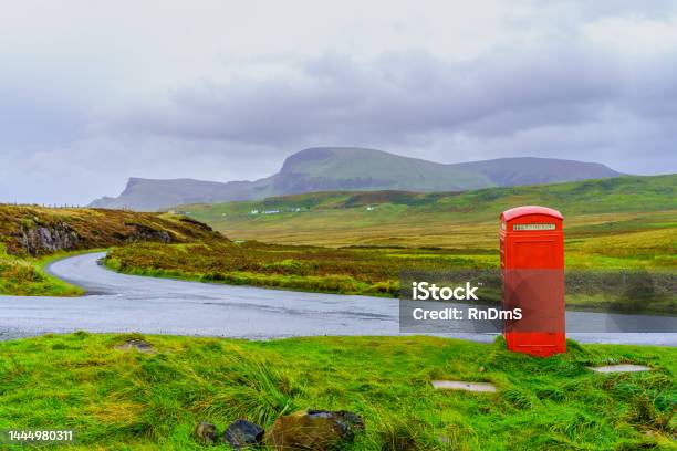 Countryside Landscape With A Red Phone Box Skye Stock Photo - Download Image Now - Telephone Booth, Nature, Red Telephone Box