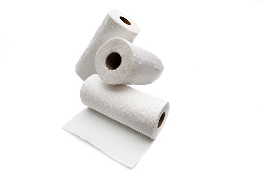 Kitchen paper rolls, isolated on white background. Hygiene material concept.