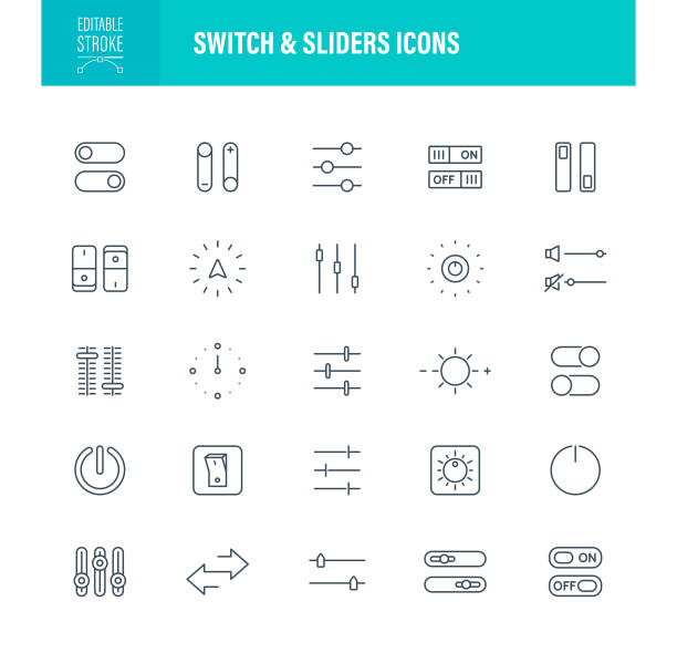 Switch and Sliders Icons Switch and Sliders Icon Set. Editable Stroke. Contains such icons as App Settings, Button, User Interface, Appliance, Lighting Equipment, Tapping, Smart Phone switch stock illustrations