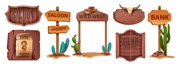 illustrazioni stock, clip art, cartoni animati e icone di tendenza di cartello di legno del cowboy, banner di carta vettoriale occidentale ricercato, set di cornici dell'interfaccia utente del gioco dei cartoni animati, cactus. - wild west wood wanted poster frame