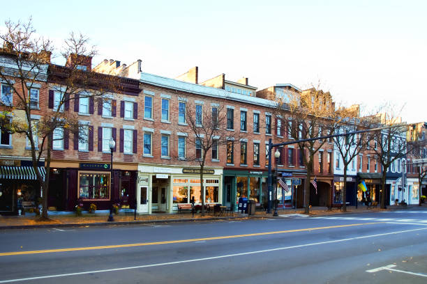 Skaneateles, New York, USA. November 4, 2022. Charming shops and boutiques in the village center of Skaneateles, New York on a quiet autumn morning