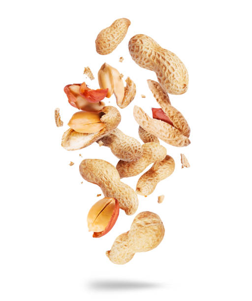 istock Whole and crushed peanuts close-up in the air on a white background 1444984563