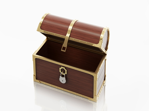 Treasure chest on white background. Horizontal composition with copy space. High angle view.