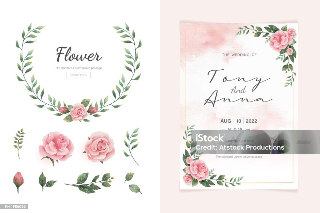 Flower and leaf botanical watercolor painting template with elements for wedding, invitiaion, greeting card decorations and more - Royalty-free Bloem - Plant vectorkunst Flower and leaf botanical watercolor painting template with elements for wedding, invitiaion, greeting card decorations and more - Royalty-free Bloem - Plant vectorkunst