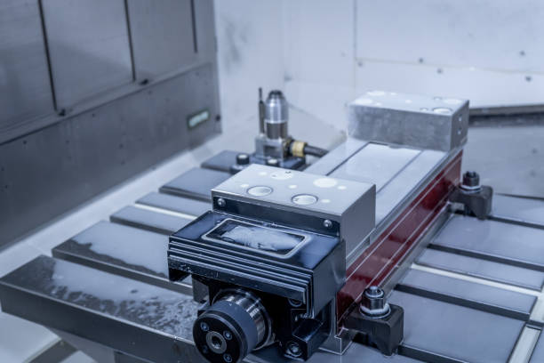 istock Bench Vise on CNC machine and table of machine, CNC setting tool length on the machine 1444986272