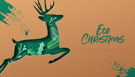 Eco christmas web template illustration of 3d papercut reindeer animal with green winter plant leaf inside. Environment friendly online holiday celebration design on recycled paper.