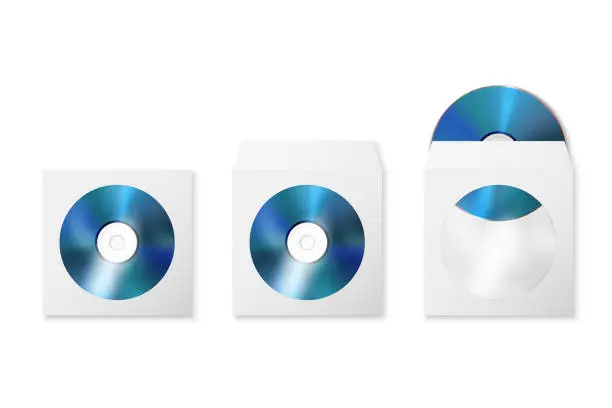 Vector illustration of Vector 3d Realistic Blue CD, DVD with Paper Cover, Envelope, Case Isolated. CD Box, Packaging Design Template for Mockup. Compact Disk Icon, Top View