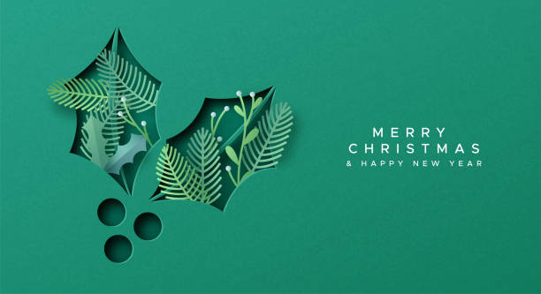 stockillustraties, clipart, cartoons en iconen met christmas new year papercut holly nature leaf card - kerstkaart