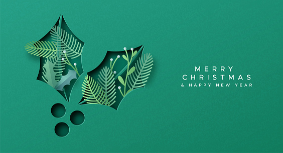 Merry Christmas Happy New Year greeting card illustration of 3d paper cut holly leaf with winter holiday plant decoration inside. Eco friendly xmas celebration design concept.