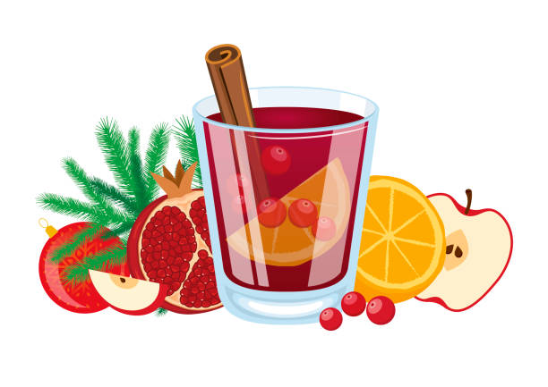 bildbanksillustrationer, clip art samt tecknat material och ikoner med christmas red punch with fruit, cranberries, orange and pomegranate vector - sangria