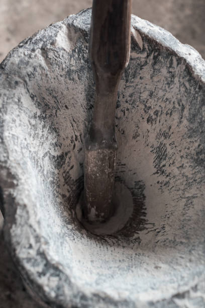 istock Authentic wooden mortar for flour. Manual processing of grain. 1444989247