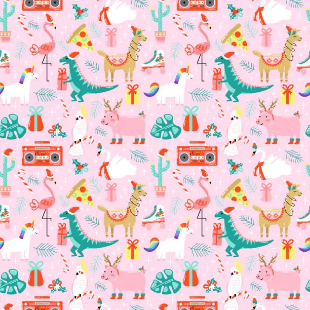 Vector illustration of Christmas seamless pattern with cute funny animals