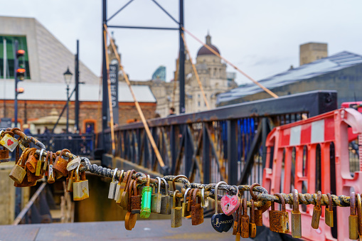 Liverpool, UK - October 09, 2022: View of love locks in the Royal Albert Dock, in Liverpool, Merseyside, England, UK