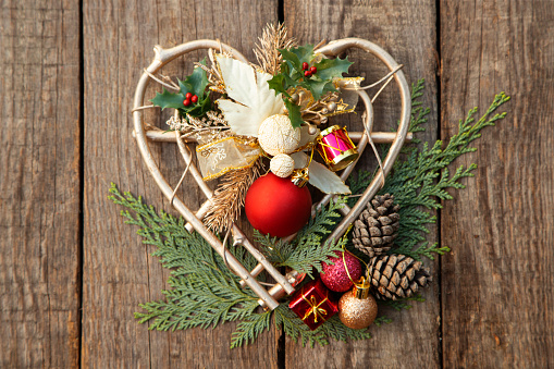 Creative Christmas decoration on wooden background with copy space