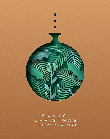 Green Christmas greeting card illustration of 3d papercut bauble with cutout pine tree leaf decoration inside. Eco friendly winter celebration event concept, recycled paper design.
